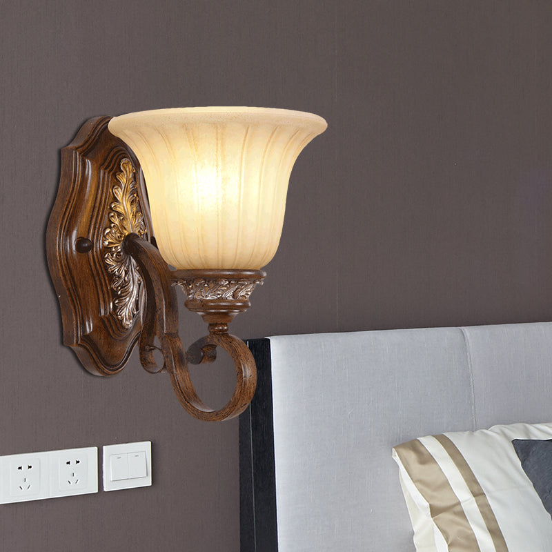 Bell Metal Wall Lighting Traditional 1 Light Dining Room Sconce Light Fixture in Brown with Opal Ribbed Glass Shade