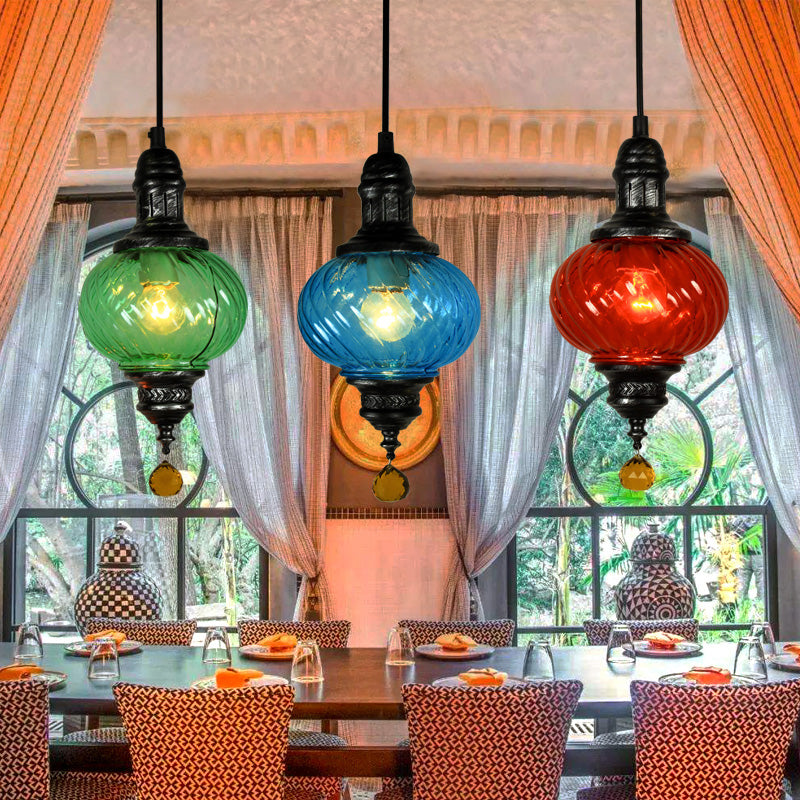 1 Light Pendant Lighting Moroccan Oval Red/Blue/Green Textured Glass Hanging Ceiling Light for Restaurant