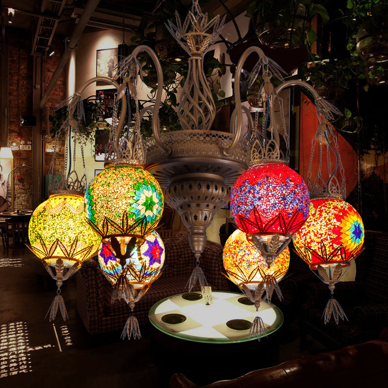 6 Lights Globe Hanging Chandelier Moroccan Brass Cut Glass Suspension Pendant for Dining Room