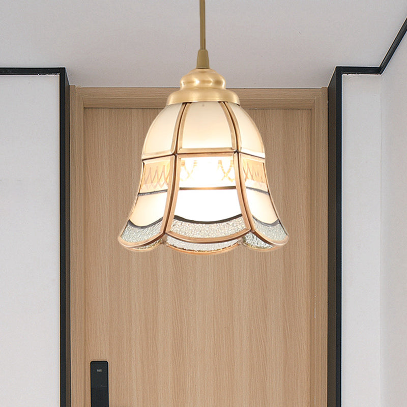 Frosted Glass Bowl/Flower/Wide Flare Hanging Lamp Kit Traditional Style 1 Light Dining Room Pendant Light in Brass