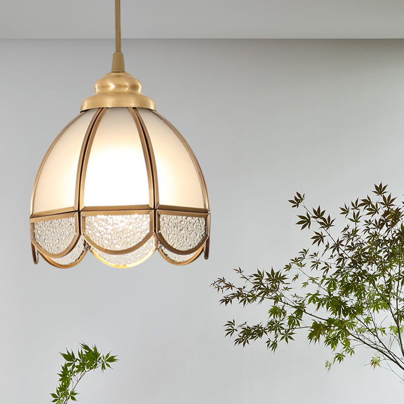 Frosted Glass Bowl/Flower/Wide Flare Hanging Lamp Kit Traditional Style 1 Light Dining Room Pendant Light in Brass
