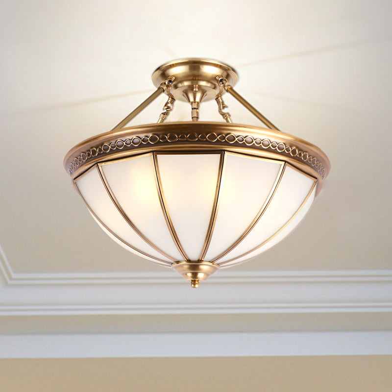 3 Lights Opal Glass Semi Flush Lighting Colonialism Brass Dome Shade Corridor Ceiling Mounted Fixture
