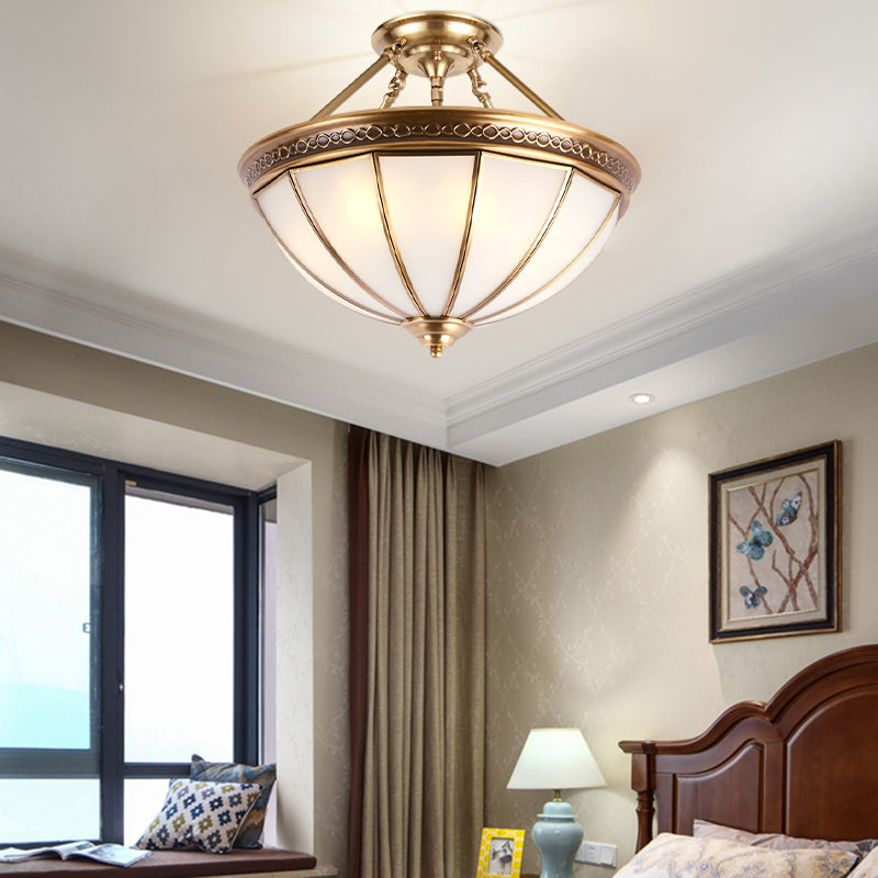 3 Lights Opal Glass Semi Flush Lighting Colonialism Brass Dome Shade Corridor Ceiling Mounted Fixture