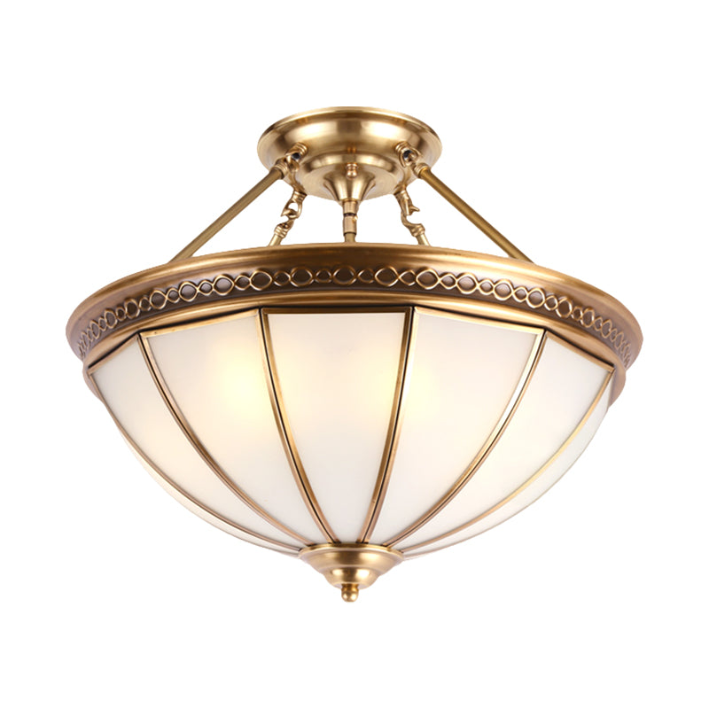 3 Lights Opal Glass Semi Flush Lighting Colonialism Brass Dome Shade Corridor Ceiling Mounted Fixture