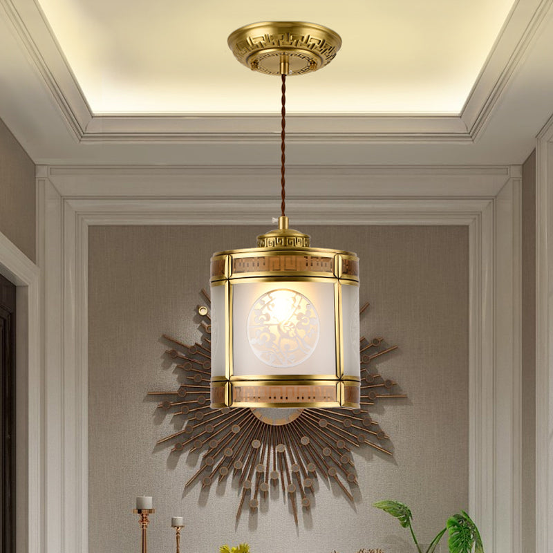 Cylinder Frosted Glass Pendant Lamp Traditional 1 Light Corridor Hanging Ceiling Light in Brass with Metal Frame