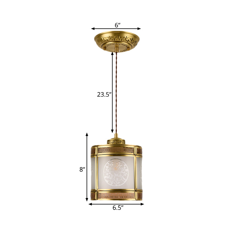 Cylinder Frosted Glass Pendant Lamp Traditional 1 Light Corridor Hanging Ceiling Light in Brass with Metal Frame