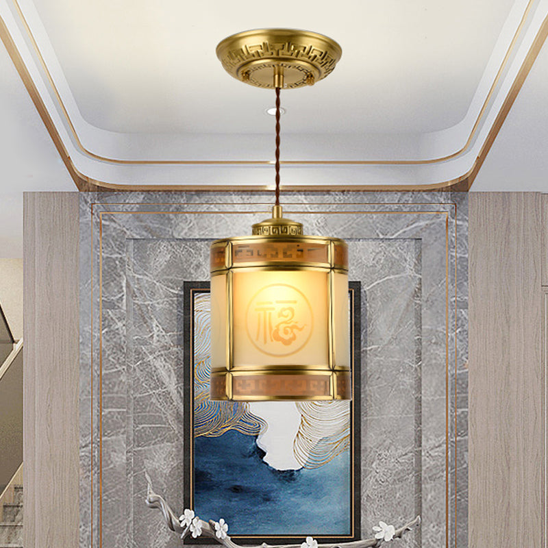 Cylinder Frosted Glass Pendant Lamp Traditional 1 Light Corridor Hanging Ceiling Light in Brass with Metal Frame