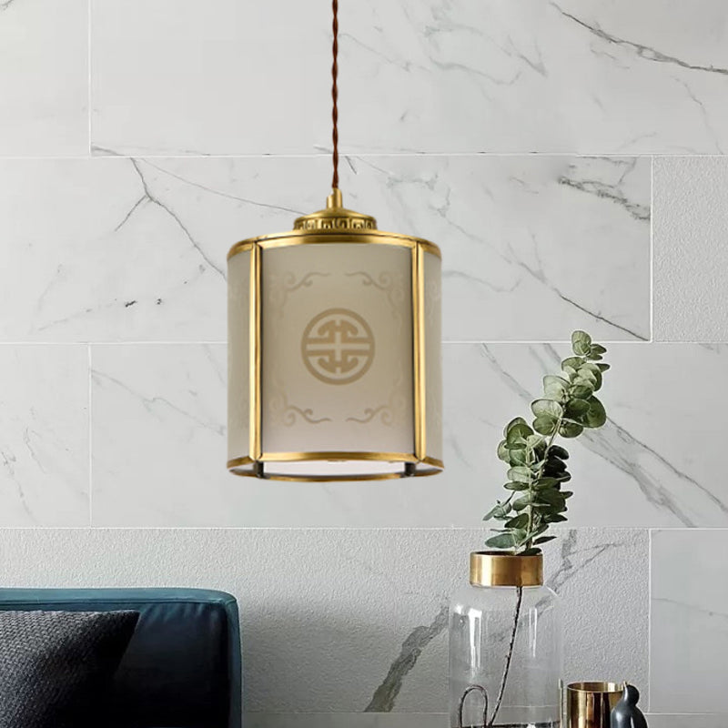 Cylinder Frosted Glass Pendant Lamp Traditional 1 Light Corridor Hanging Ceiling Light in Brass with Metal Frame