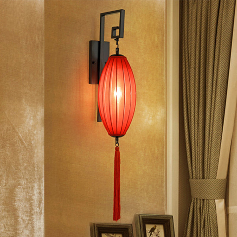 Metal Red Wall Lighting Fixture Oval 1 Light Classic Style Sconce for Tea House with Fabric Shade