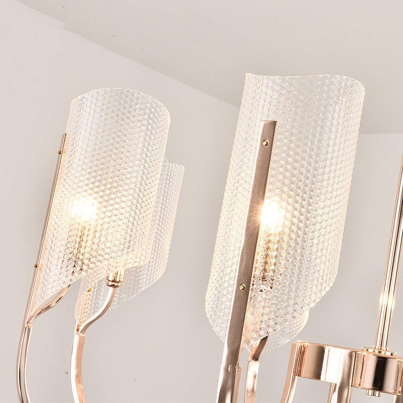 Araña de araña de estilo posmoderno de oro rosa con textura de diamante de brazo de ángulo ajuste de iluminación de sombra acrílica para sala de estar