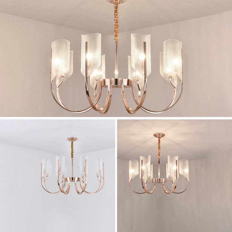 Araña de araña de estilo posmoderno de oro rosa con textura de diamante de brazo de ángulo ajuste de iluminación de sombra acrílica para sala de estar