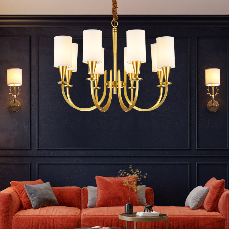 Brass American Traditional Style Chandelier Cylindrical Fabric Shade Dining Room Lighting Fixture with 19.6" Adjustable Suspension Chain