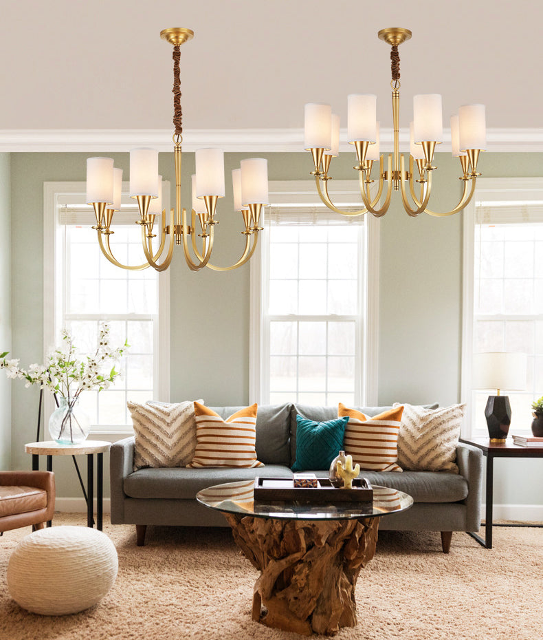 Brass American Traditional Style Chandelier Cylindrical Fabric Shade Dining Room Lighting Fixture with 19.6" Adjustable Suspension Chain