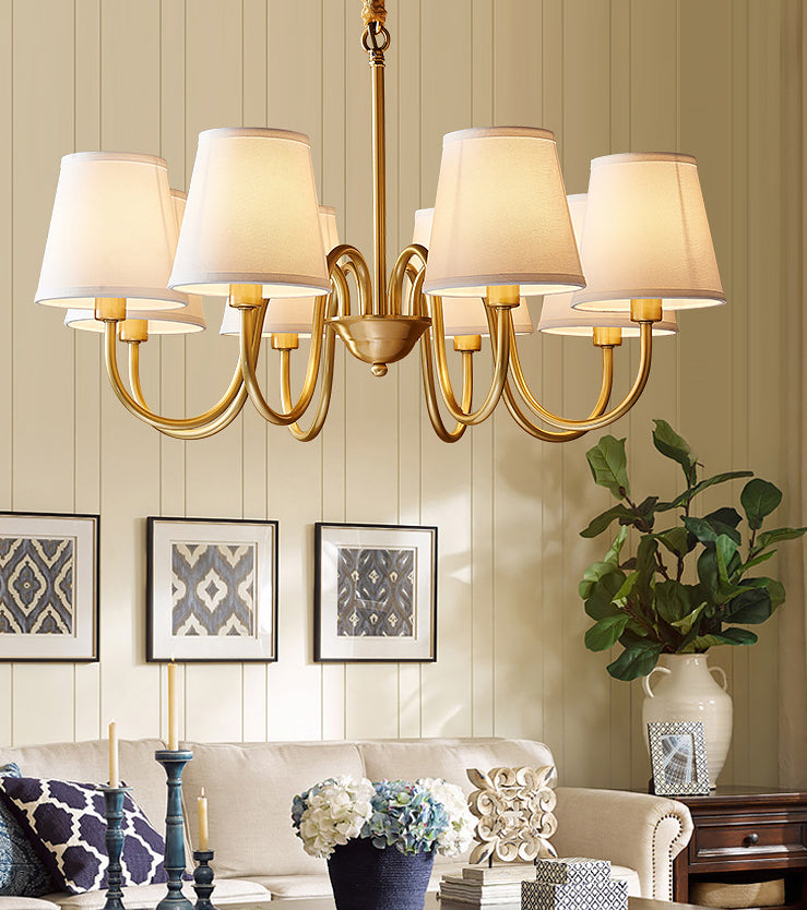 Postmoderne goldene krümmende Kronleuchter leichte konische Stoff Deckenkronleuchter für Wohnzimmer