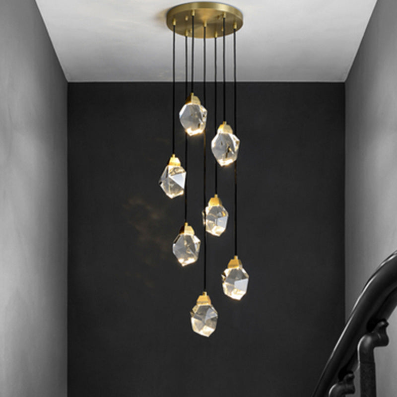 Block Shaped Stairs Multi-Pendant Crystal 7 Lights Postmodern Suspension Lamp in Brass