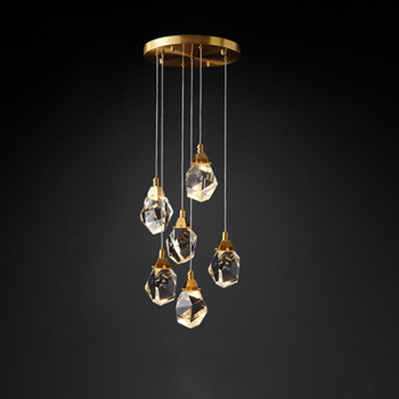 Block Shaped Stairs Multi-Pendant Crystal 7 Lights Postmodern Suspension Lamp in Brass