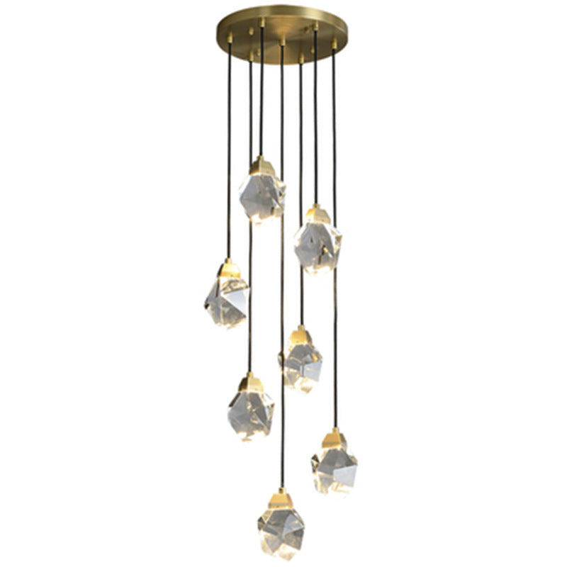 Block Shaped Stairs Multi-Pendant Crystal 7 Lights Postmodern Suspension Lamp in Brass