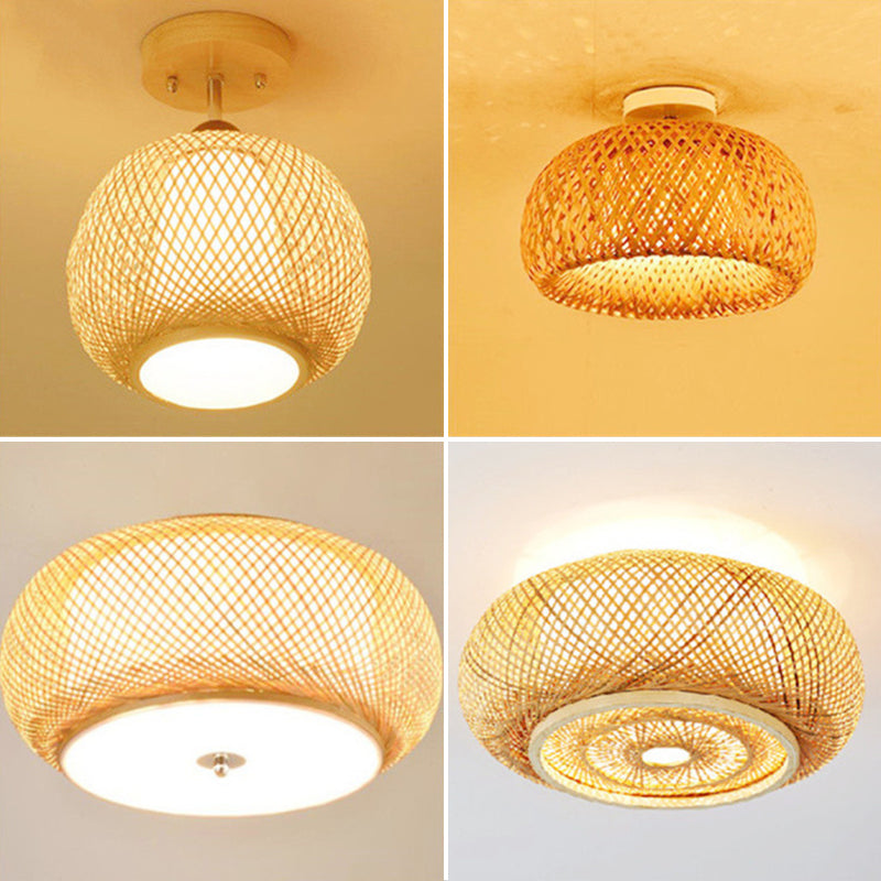 Lámpara de techo de madera de estilo asiático, luz de montaje empotrado de bambú tejida a mano, para salón de té