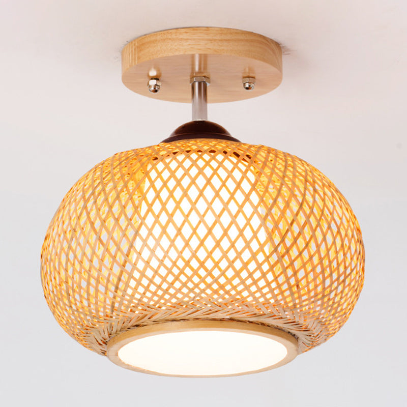 Lámpara de techo de madera de estilo asiático, luz de montaje empotrado de bambú tejida a mano, para salón de té