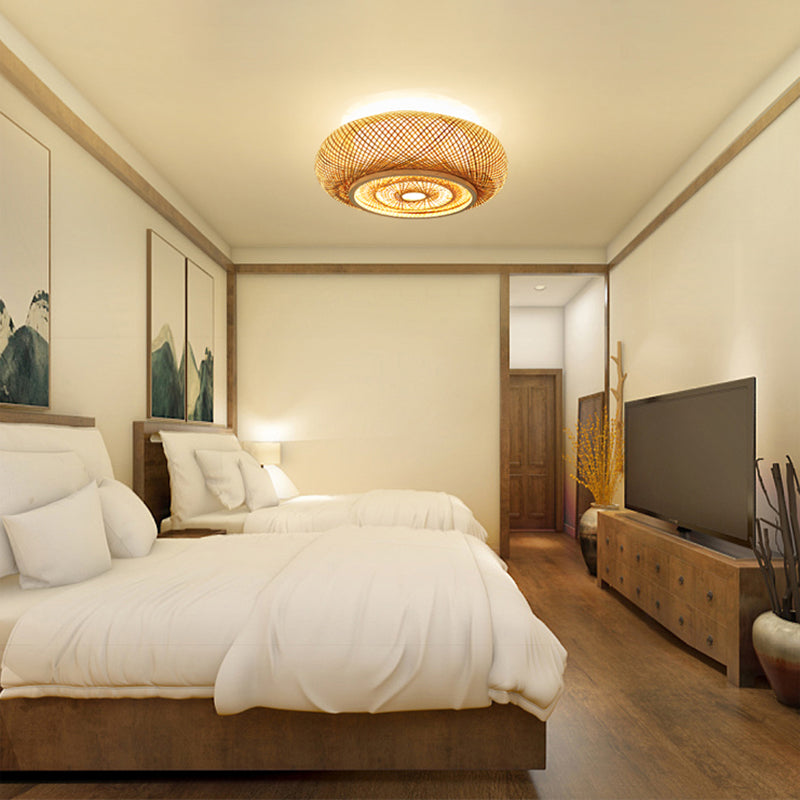 Lámpara de techo de madera de estilo asiático, luz de montaje empotrado de bambú tejida a mano, para salón de té