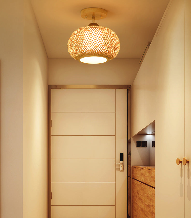 Lámpara de techo de madera de estilo asiático, luz de montaje empotrado de bambú tejida a mano, para salón de té