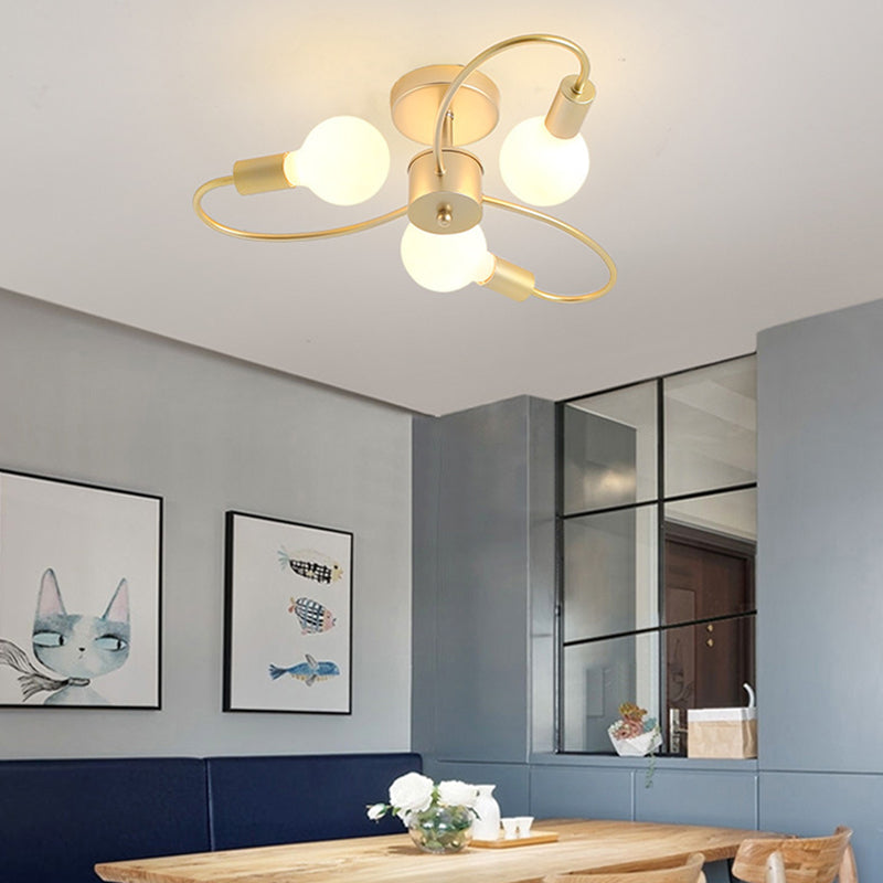 Bare Bulb Floriated Semi Flush Mount in Industrial Vintage Style Metal Ceiling Light for Dining Room