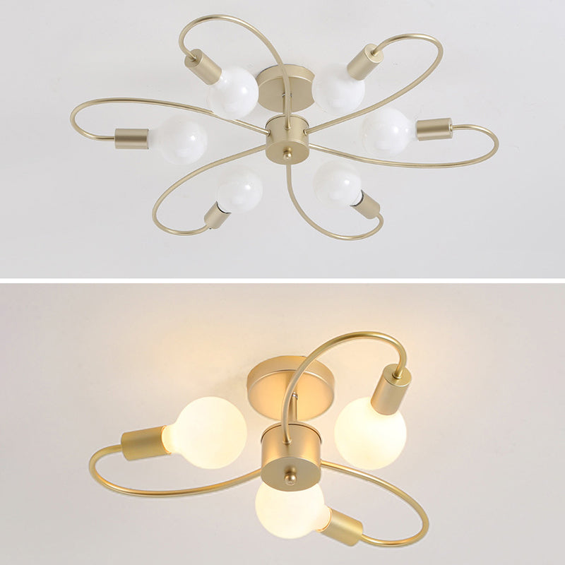 Bare Bulb Floriated Semi Flush Mount in Industrial Vintage Style Metal Ceiling Light for Dining Room