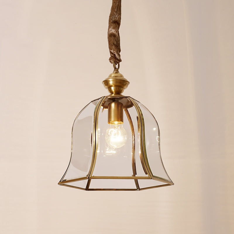 1 Head Bell Hanging Lighting Traditional Brass Clear Glass Ceiling Pendant Lamp for Dining Room