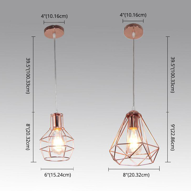 Electroplated Rose Gold Hanging Light Iron Cage Shade Industrial Style Single Bulb Lighting Fixture for Bedroom