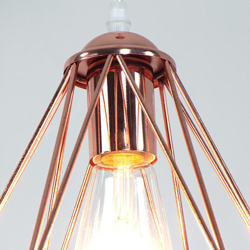 Electroplated Rose Gold Hanging Light Iron Cage Shade Industrial Style Single Bulb Lighting Fixture for Bedroom