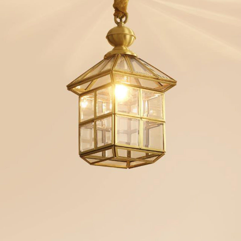 Gold Lantern Hanging Lamp Traditional Clear Frosted Glass 6.5"/8" Wide 1 Light Living Room Ceiling Suspension Light