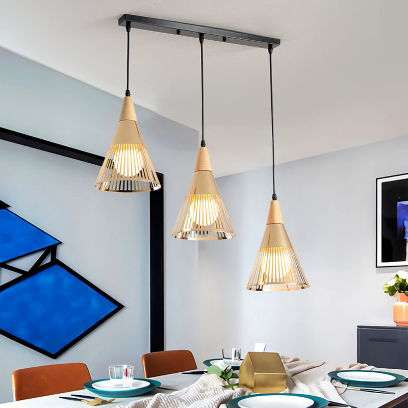Noordse moderne stijl taps toelopende houten bovenste hanglamp metalen draadkooi woonkamer hangende lamp