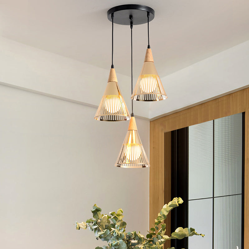 Noordse moderne stijl taps toelopende houten bovenste hanglamp metalen draadkooi woonkamer hangende lamp
