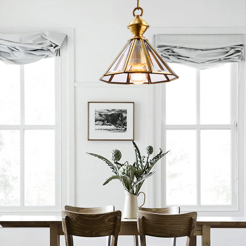 1 Bulb Hanging Ceiling Light Traditional Living Room Suspension Pendant Lamp with Cone Clear Glass Shade