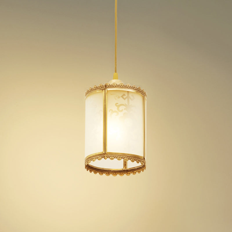 Brass Cylinder Pendant Lighting Vintage Opal Glass 1 Light Dining Room Hanging Ceiling Lamp