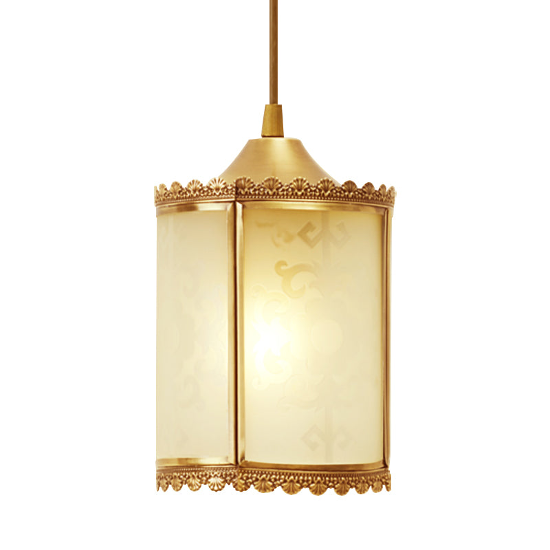Brass Cylinder Pendant Lighting Vintage Opal Glass 1 Light Dining Room Hanging Ceiling Lamp