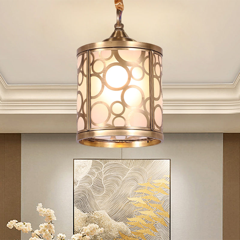 Cylindrical Opal Glass Hanging Light Kit Rural 1 Head Hallway Suspension Pendant Lamp with Circle/Oval Pattern