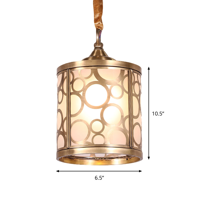Cylindrical Opal Glass Hanging Light Kit Rural 1 Head Hallway Suspension Pendant Lamp with Circle/Oval Pattern