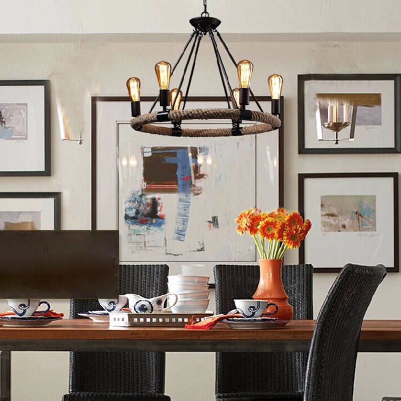 Industrial Art Rope  Hanging Chandelier Light  Circular Black Metal Exposed Bulb Drop Lamp