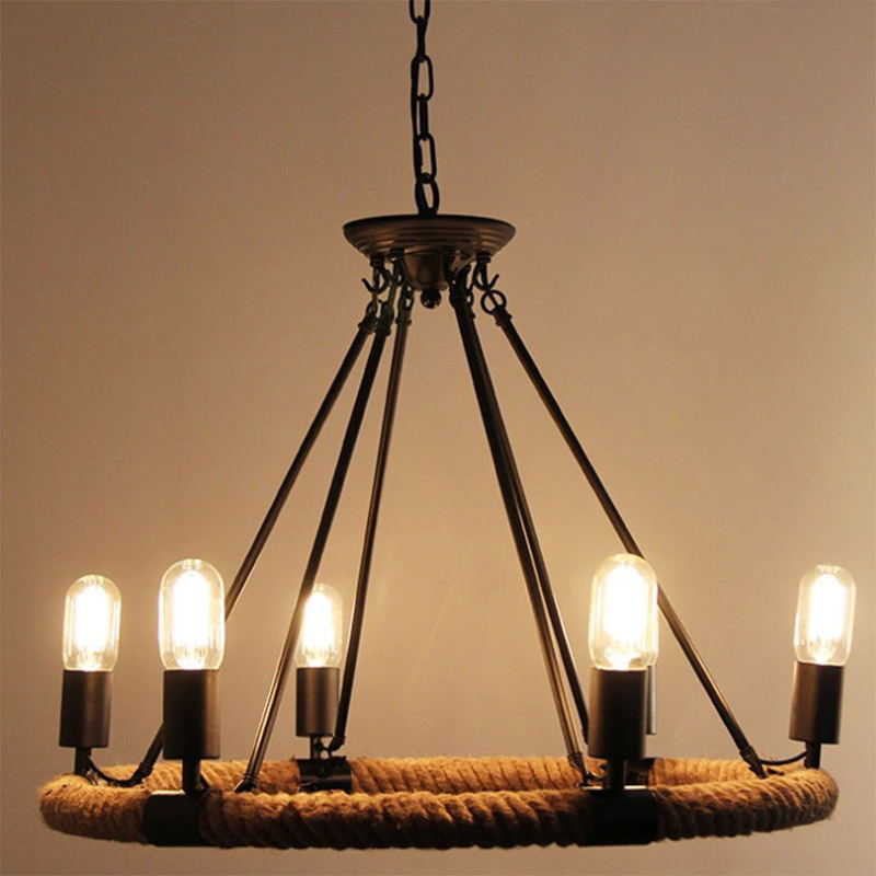 Industrial Art Rope  Hanging Chandelier Light  Circular Black Metal Exposed Bulb Drop Lamp