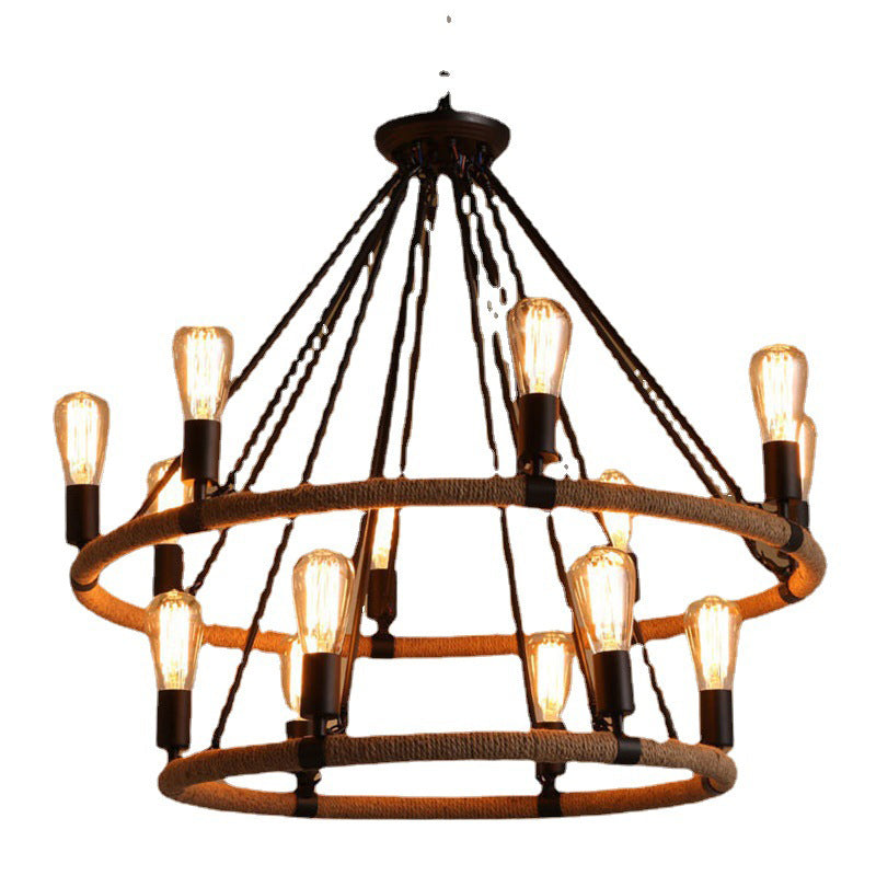 Industrial Art Rope  Hanging Chandelier Light  Circular Black Metal Exposed Bulb Drop Lamp