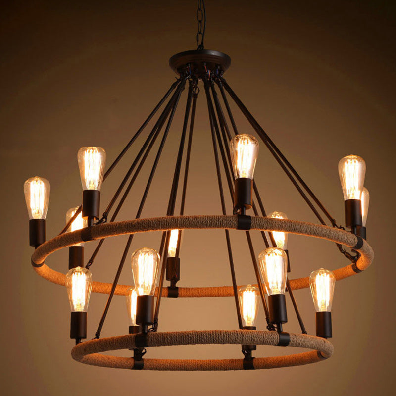 Industrial Art Rope  Hanging Chandelier Light  Circular Black Metal Exposed Bulb Drop Lamp