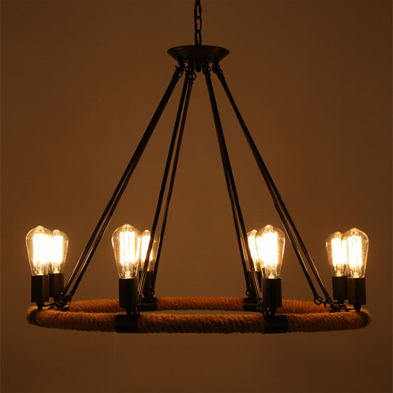 Industrial Art Rope  Hanging Chandelier Light  Circular Black Metal Exposed Bulb Drop Lamp