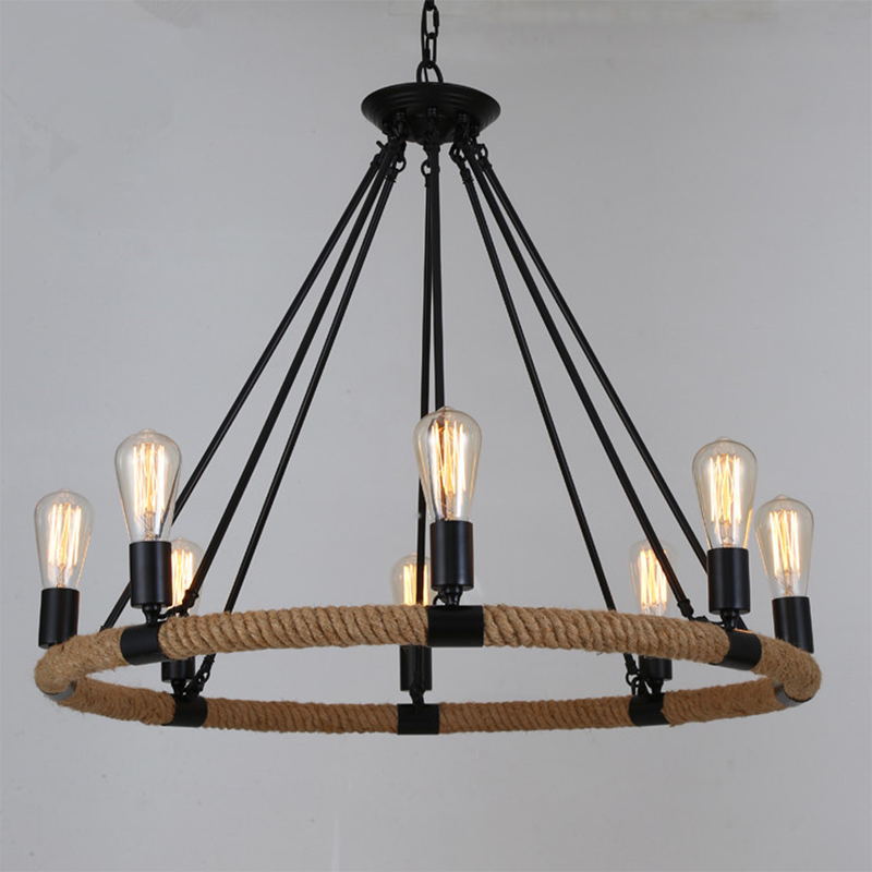 Industrial Art Rope  Hanging Chandelier Light  Circular Black Metal Exposed Bulb Drop Lamp