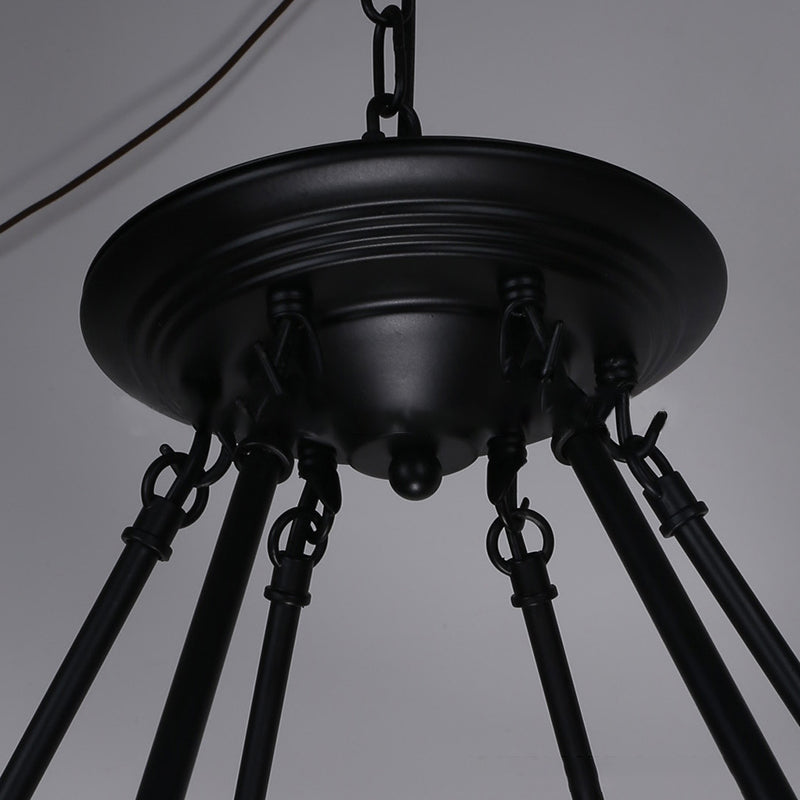Industrial Art Rope  Hanging Chandelier Light  Circular Black Metal Exposed Bulb Drop Lamp