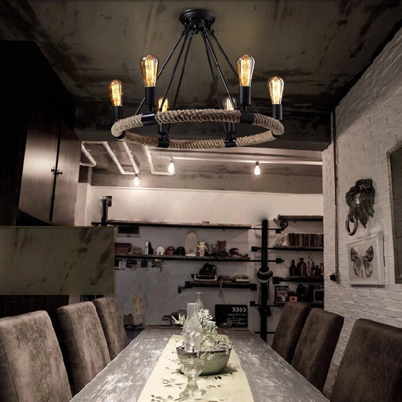 Industrial Art Rope  Hanging Chandelier Light  Circular Black Metal Exposed Bulb Drop Lamp