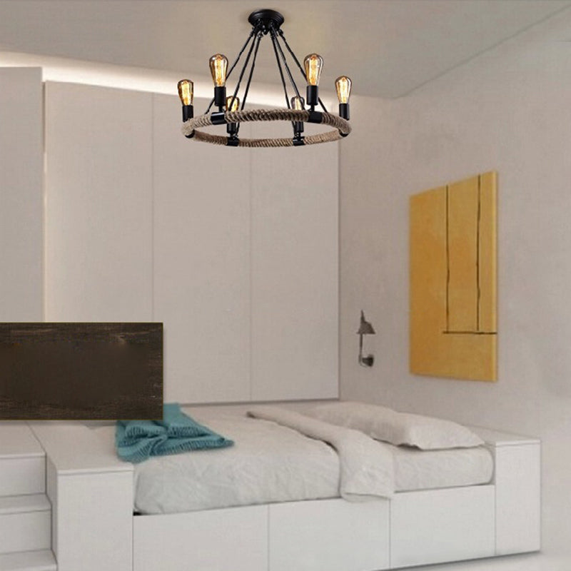 Industrial Art Rope  Hanging Chandelier Light  Circular Black Metal Exposed Bulb Drop Lamp