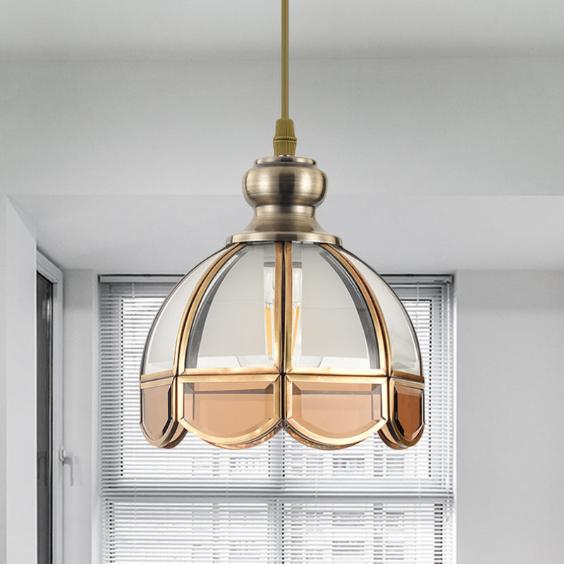 Dome Stairway Hanging Pendant Lamp Vintage Clear/Beige Glass 1 Head Nickel Ceiling Suspension Light
