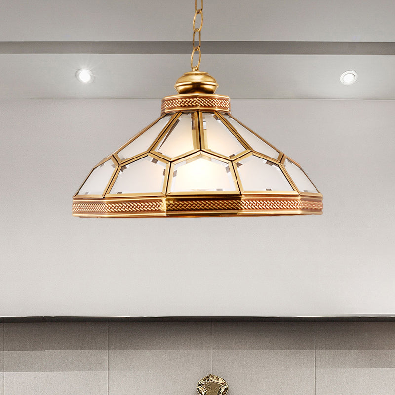 1 Head Pendant Light Traditional Bowl Frosted White Glass Suspended Lighting Fixture in Gold for Living Room