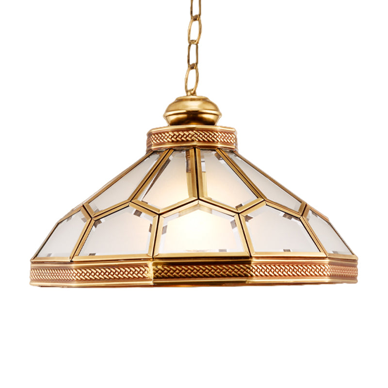 1 Head Pendant Light Traditional Bowl Frosted White Glass Suspended Lighting Fixture in Gold for Living Room